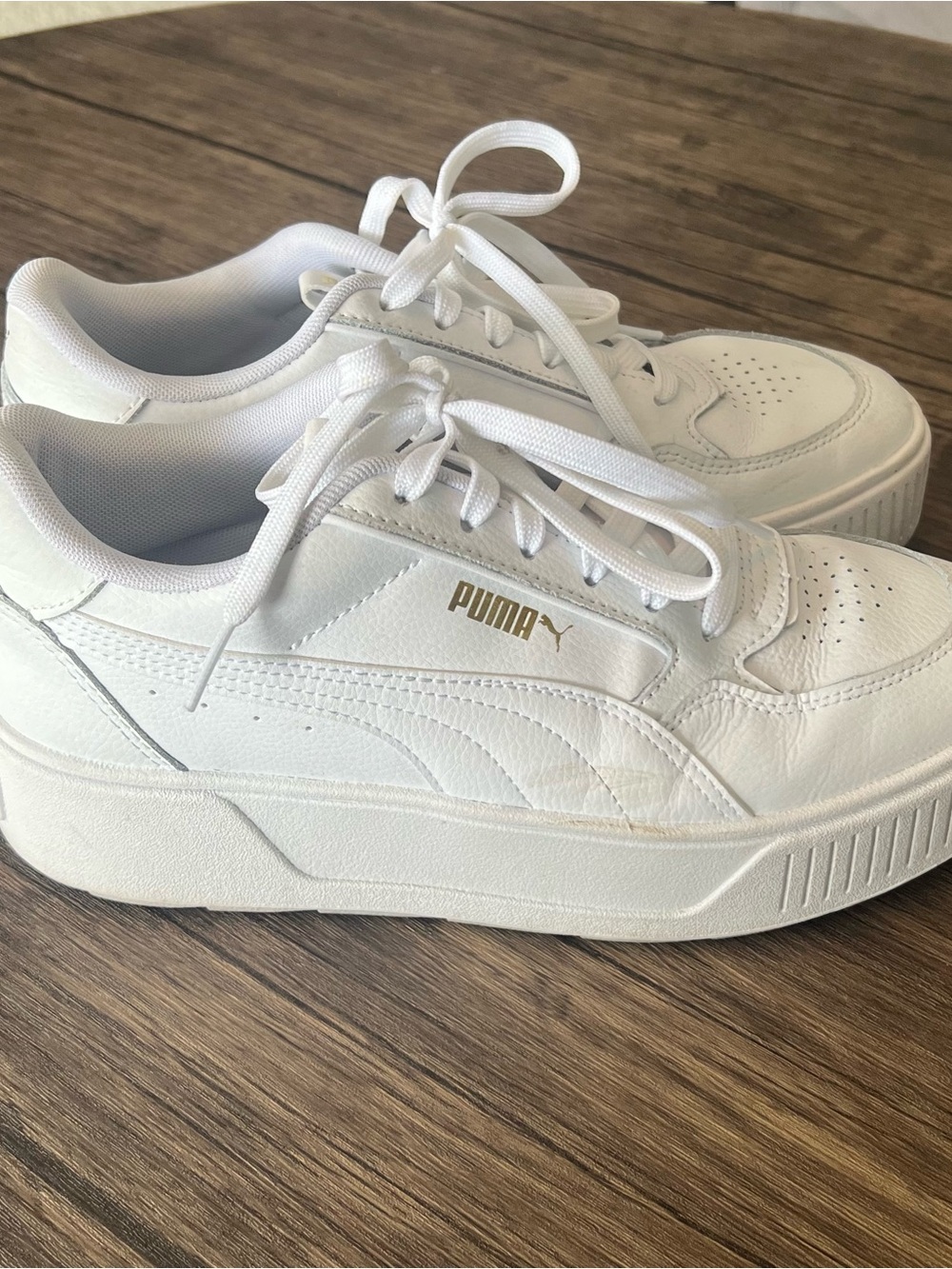 Puma White Leather Platform Sneakers with Gold Logo